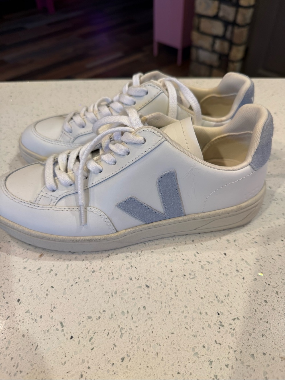 Veja White Leather Sneakers with Light Blue V Logo